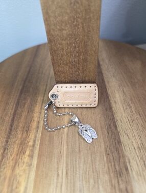 Coach Leather Tag Keychain with Silver Flip-Flop Charm - Natural Tan, EUC